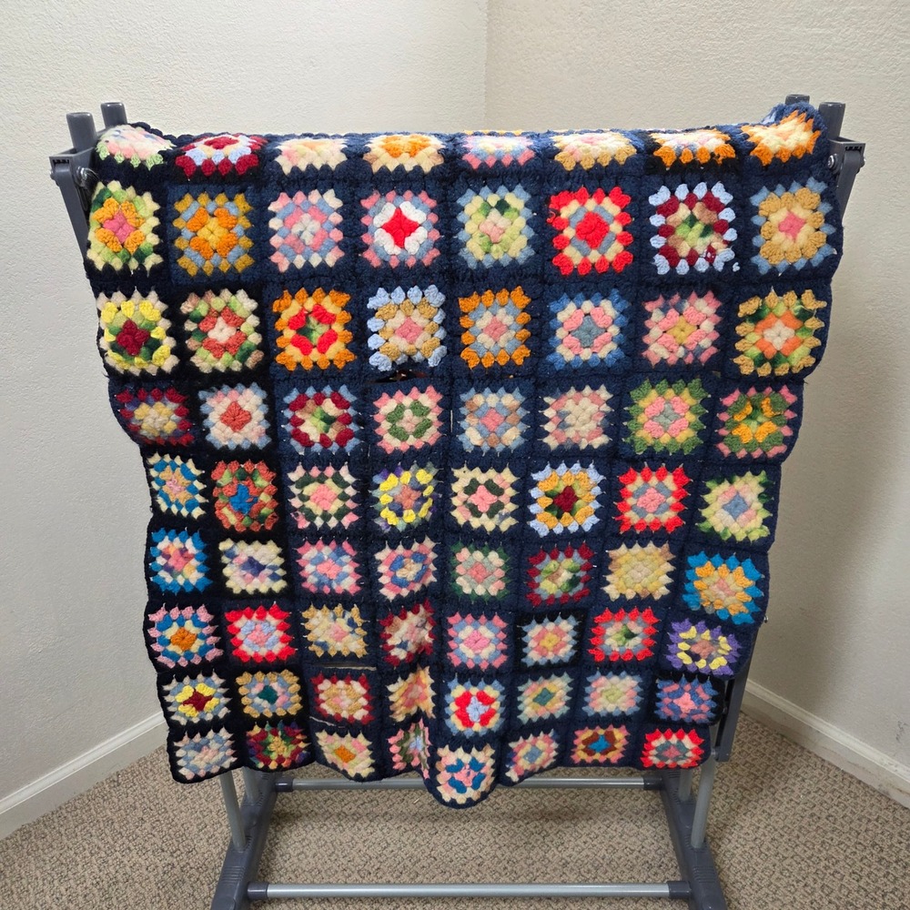 Vintage Handmade Granny Square Crochet Throw Blanket Navy Blue Multicolor 52x30